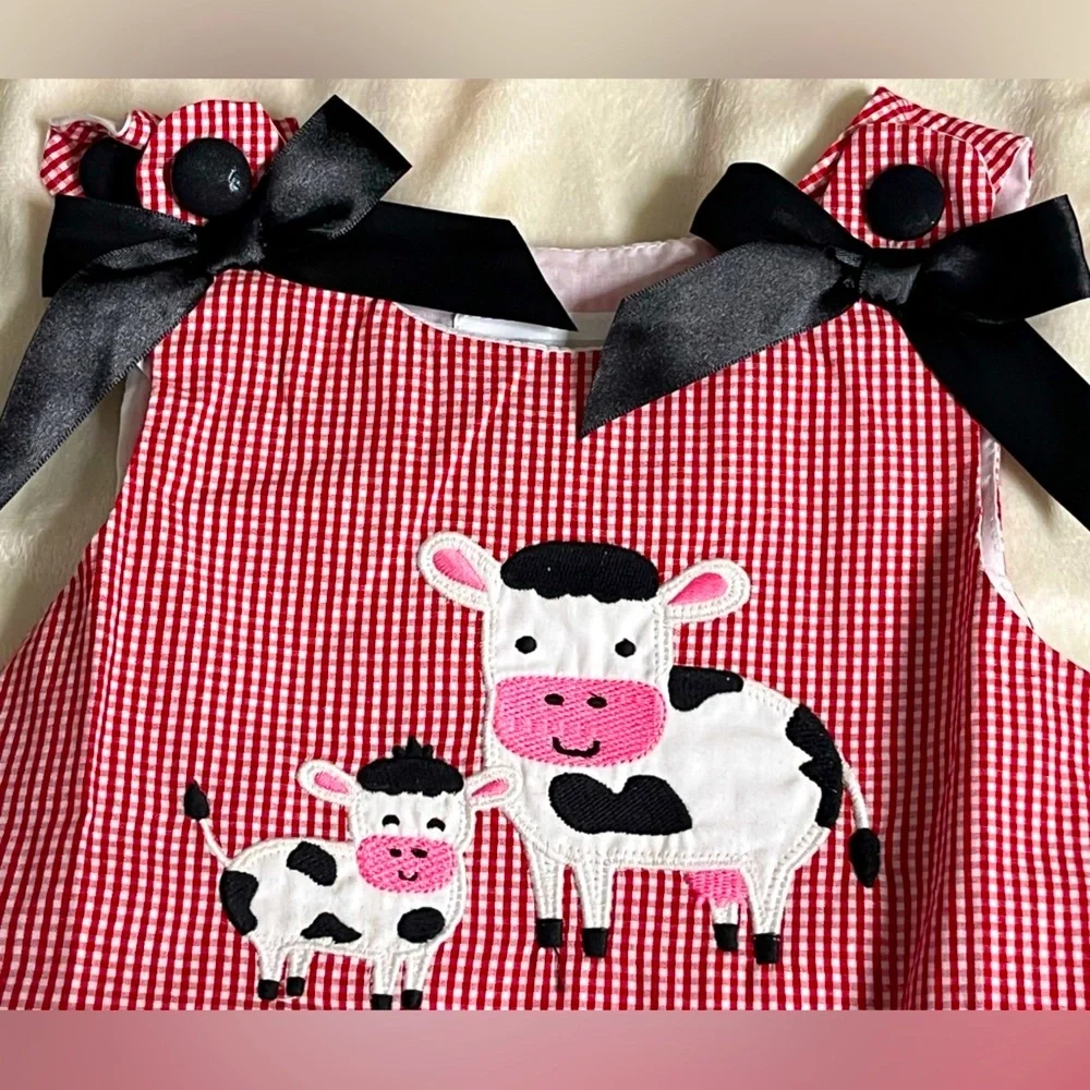 Size 2T Dress Cow‎ Appliqué  “Lil Cactus” Lined Red White Gingham